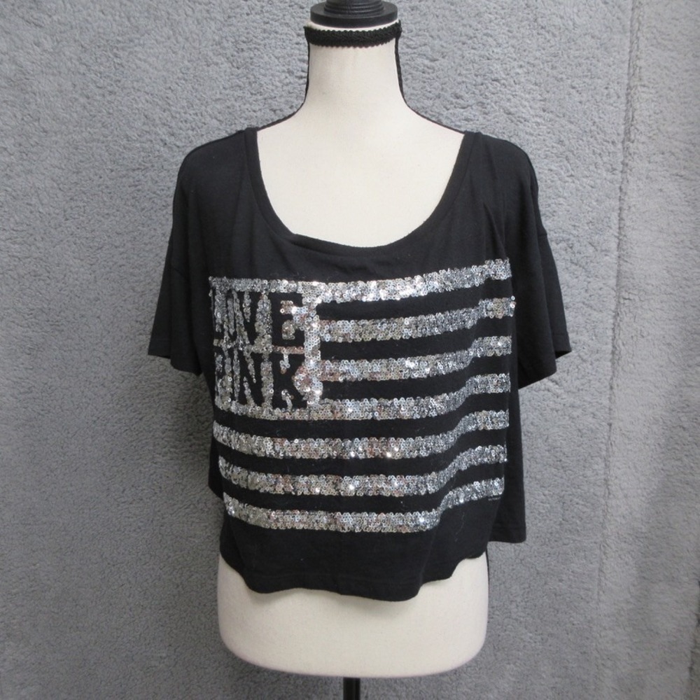 PINK Victorias Secret Sequin Y2K Crop Top Women M Black Streetwear Boxy Glam